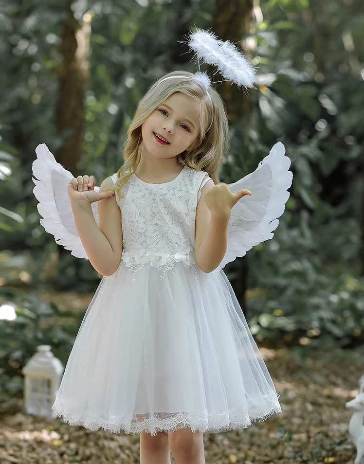 White Lace Floral Lace Tulle  Flower Girl Dress Costume for Kids Girls Toddlers - MiniClosetCo