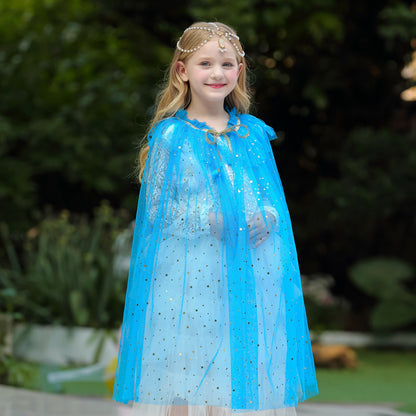 girl with blue tulle princess cape  front