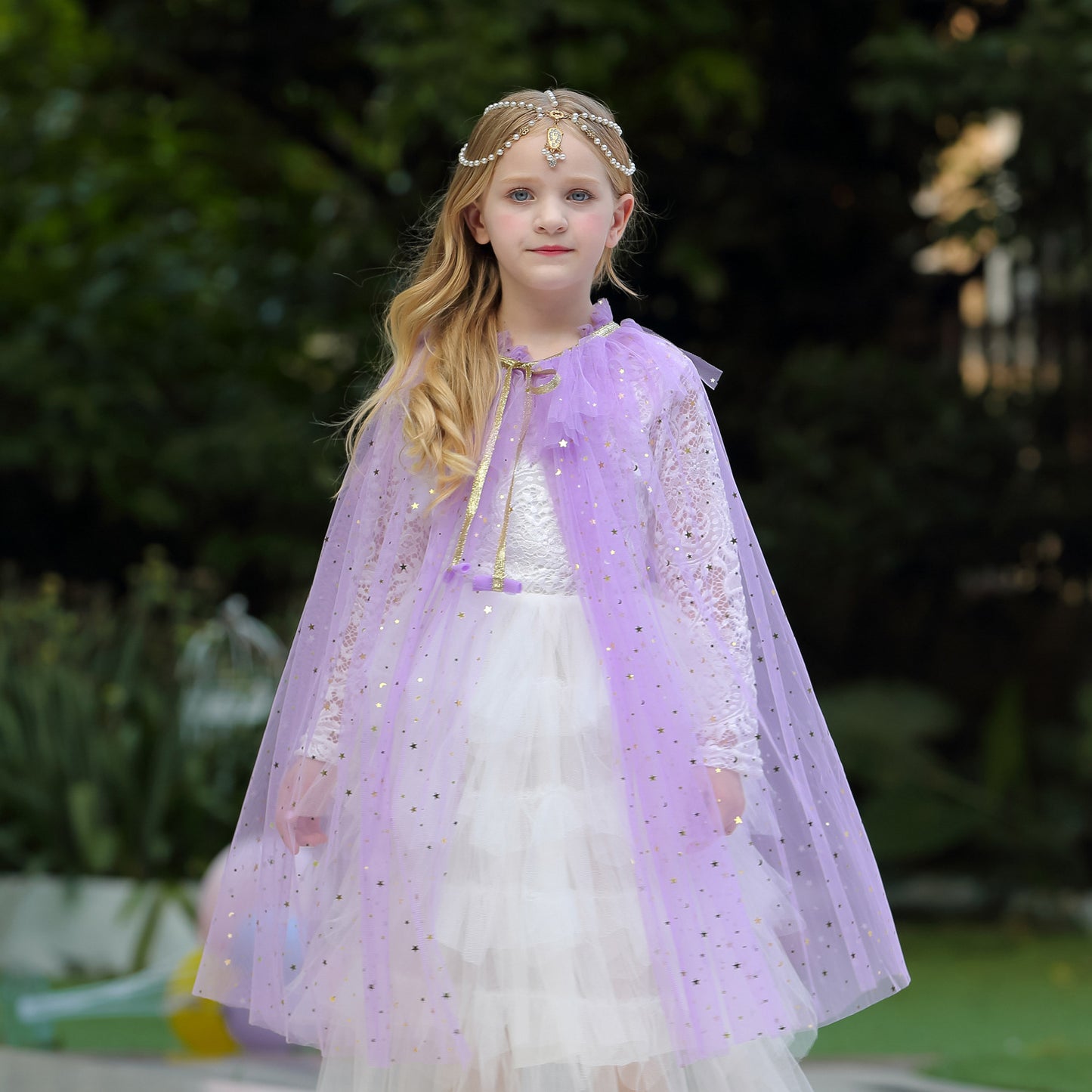 girl with purple tulle princess cape back front