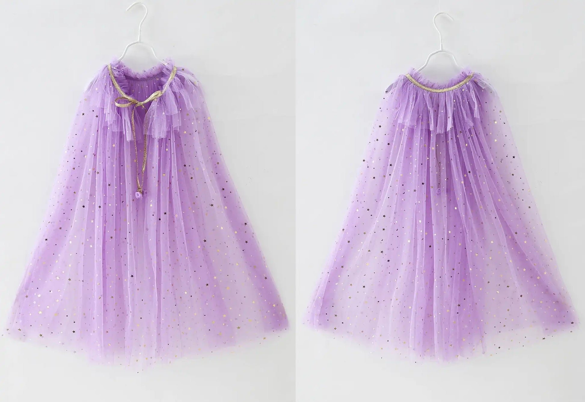Purple tulle cape with gold trim on a white background