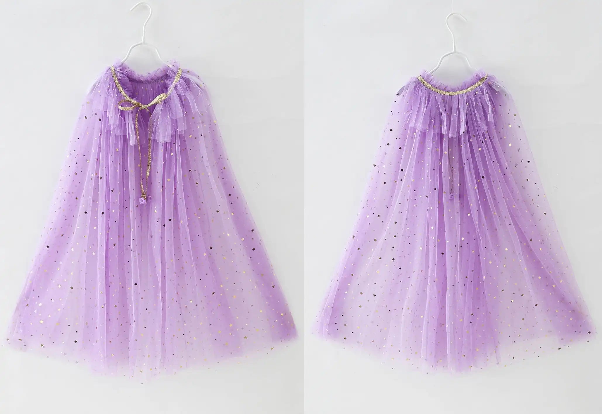 Purple tulle cape with gold trim on a white background