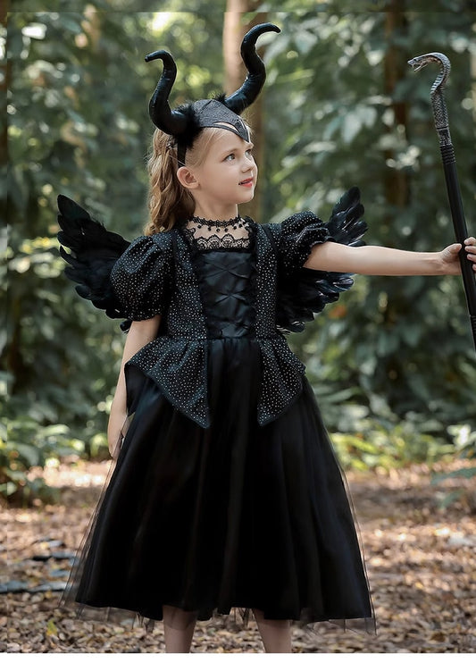 kids Maleficent costume with wings and horn for Halloween