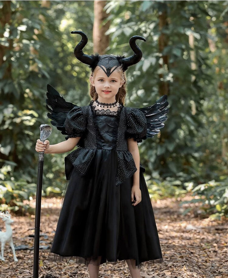 girl's black tulle dress with wings and horn for halloween