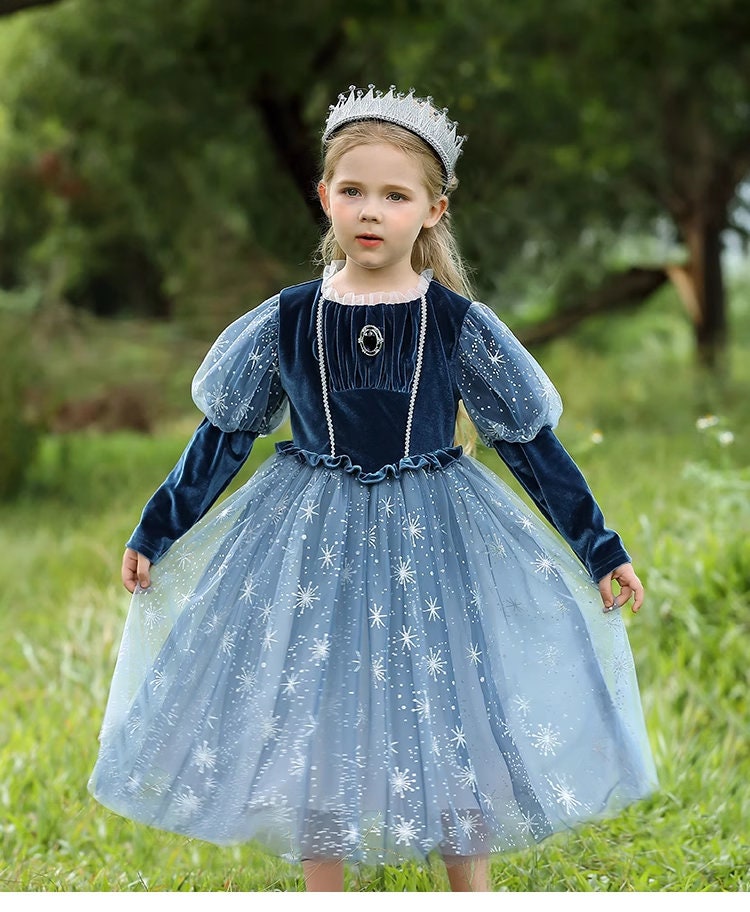 kid in Blue princess Elsa long sleeve dress 