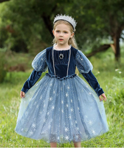 kid in Blue princess Elsa long sleeve dress 