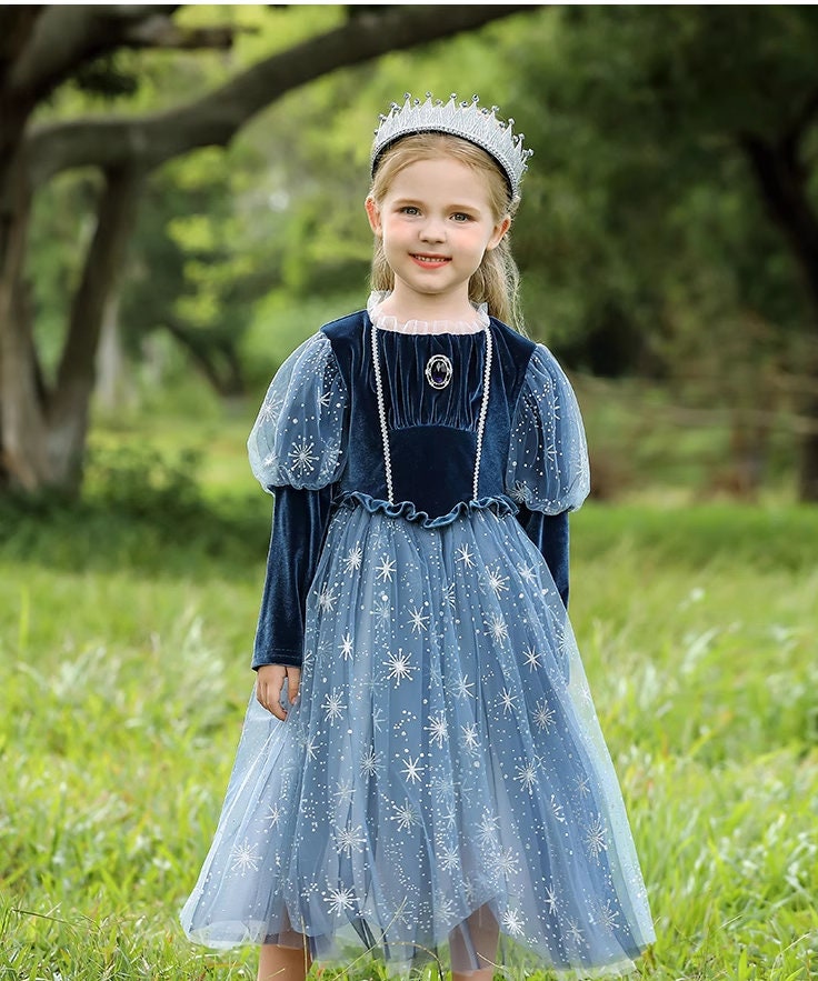 kid in Blue princess Elsa long sleeve dress front