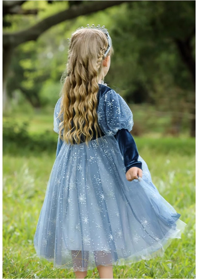 kid in Blue princess Elsa long sleeve dress back