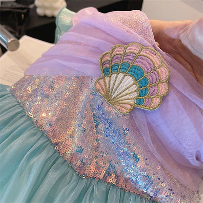 Purple Green Sleeveless  Mermaid Sequins tulle Dress