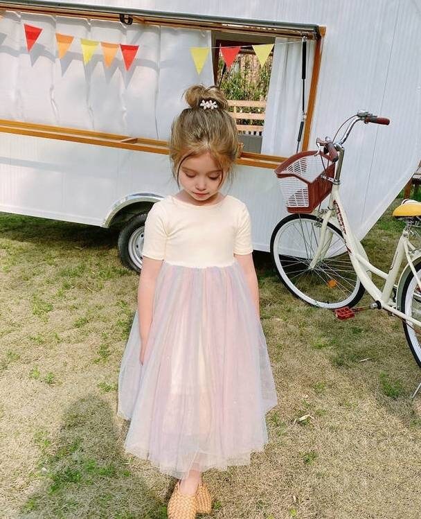 Yellow Rainbow Cotton Tulle Short Sleeve Dress for Girls - MiniClosetCo