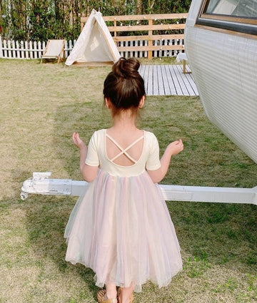 Yellow Rainbow Cotton Tulle Short Sleeve Dress for Girls - MiniClosetCo