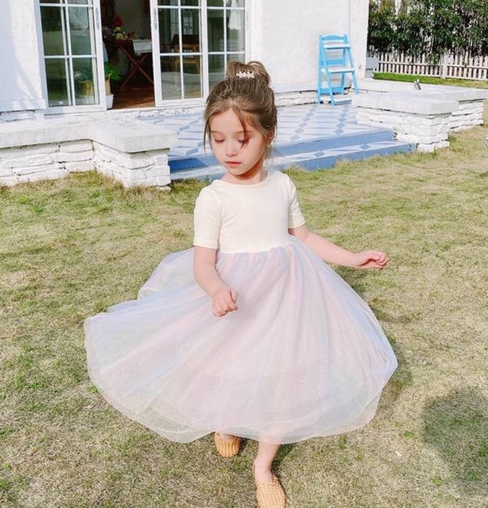 Yellow Rainbow Cotton Tulle Short Sleeve Dress for Girls - MiniClosetCo