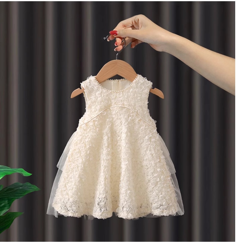 White Lace Tulle 3D flower  Sleeveless Dress for Girls Toddlers - MiniClosetCo