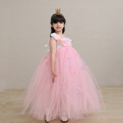 Pink Sleeveless Tulle Tutu  Princess Flower Butterfly Dress  For Kids Girls Toddlers Flower Girl Birthday Party Wedding Dress Gowns - MiniClosetCo