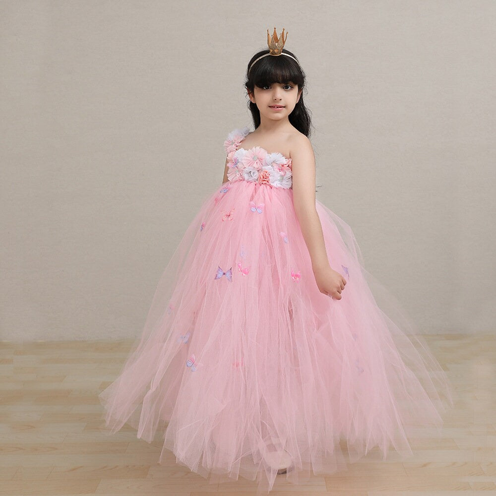 Pink Sleeveless Tulle Tutu  Princess Flower Butterfly Dress  For Kids Girls Toddlers Flower Girl Birthday Party Wedding Dress Gowns - MiniClosetCo