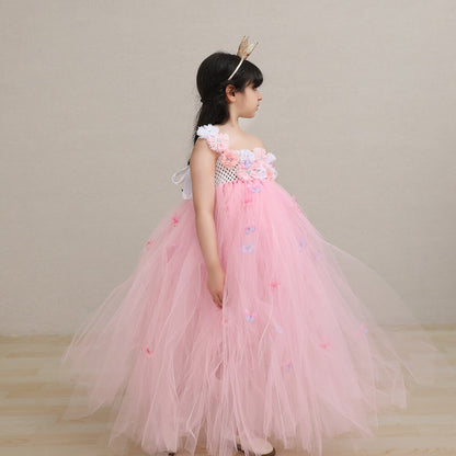 Pink Sleeveless Tulle Tutu  Princess Flower Butterfly Dress  For Kids Girls Toddlers Flower Girl Birthday Party Wedding Dress Gowns - MiniClosetCo