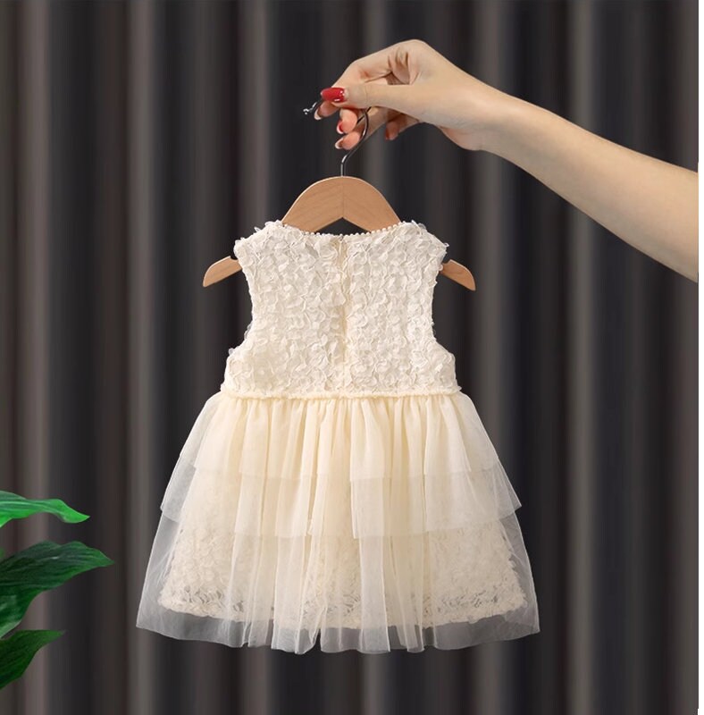 White Lace Tulle 3D flower  Sleeveless Dress for Girls Toddlers - MiniClosetCo