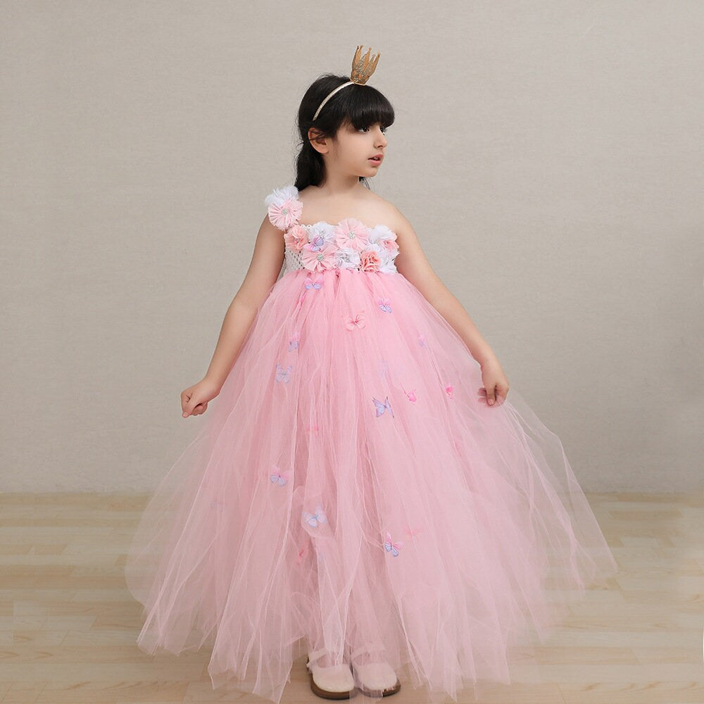 Pink Sleeveless Tulle Tutu  Princess Flower Butterfly Dress  For Kids Girls Toddlers Flower Girl Birthday Party Wedding Dress Gowns - MiniClosetCo