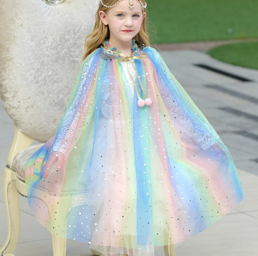 Shimmer Sparkle Rainbow Tulle  Cape|  Dress up Halloween Costume for Kids Girls Toddlers - MiniClosetCo