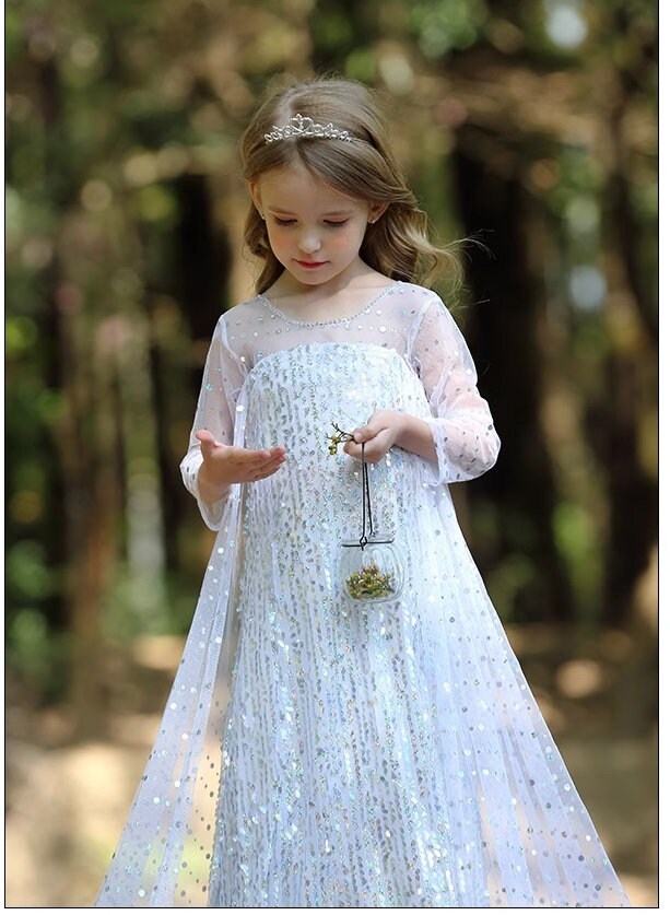 White Shimmer Sequin Sparkle  Princess Dress With Cape - MiniClosetCo