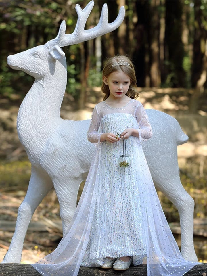 White Shimmer Sequin Sparkle  Princess Dress With Cape - MiniClosetCo