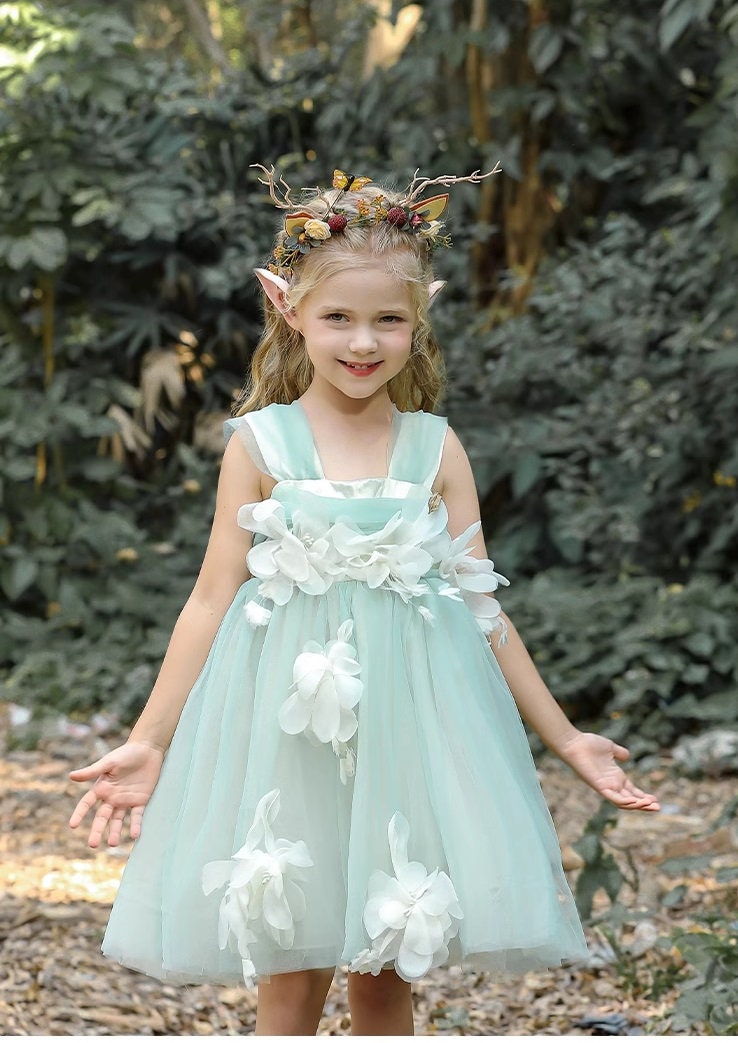 mint Green Tulle Sleeveless with Flowers Fairy Princess Dress