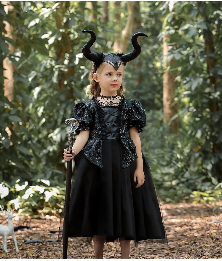 Halloween Black dark fairy Costume Dress With Horns and Wings for kids 