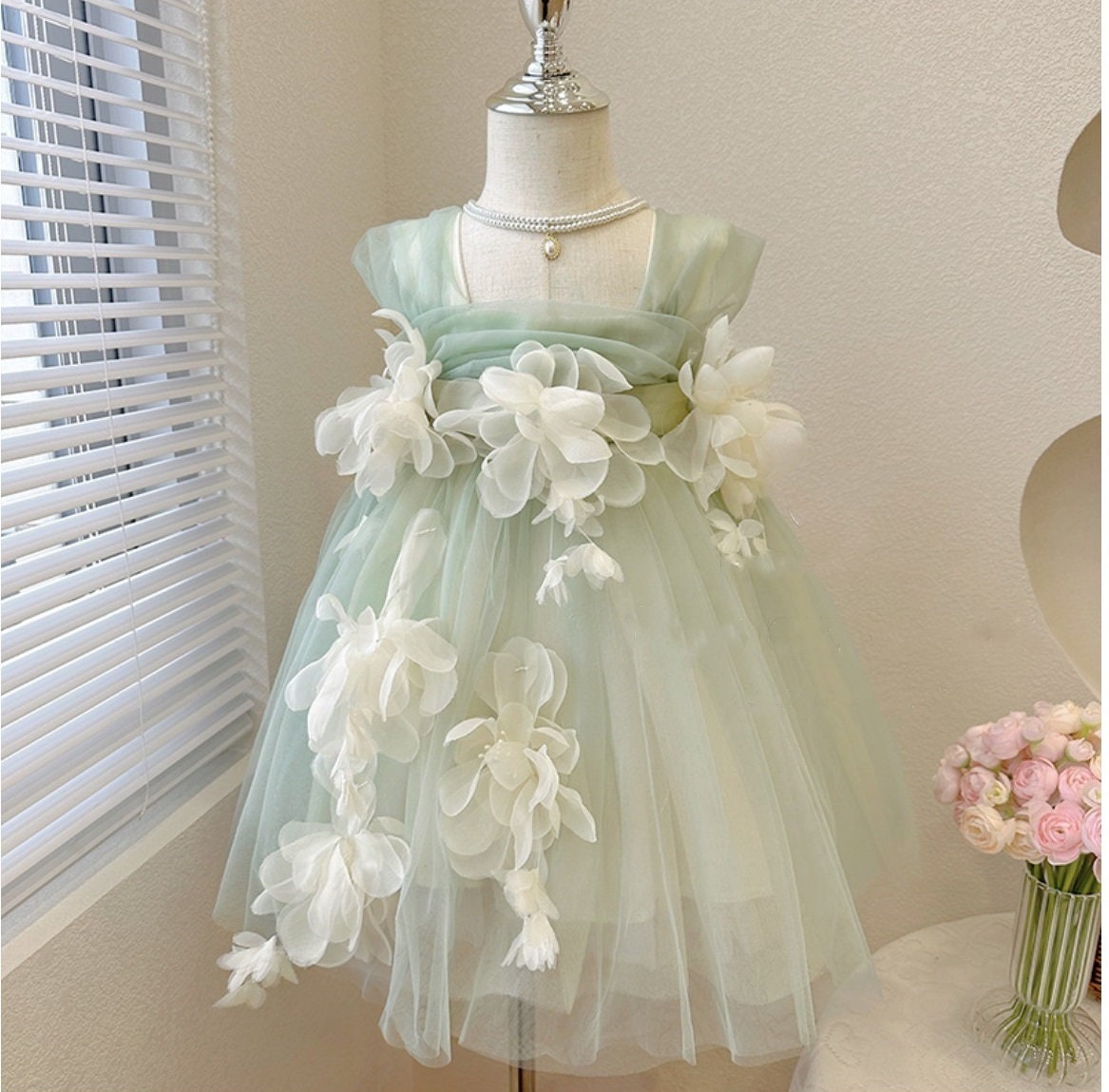 Green Tulle Sleeveless with Flowers Fairy Princess Dress
