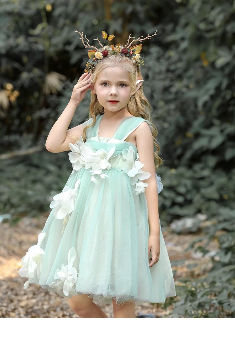 mint green tulle dress for kid with 3d flower appliqués